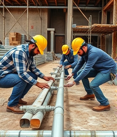 team of workers installing plumbing, collaborative atmosphere, aligning pipes meticulously, photorealistic, construction site with piles of materials and scaffolding, highly detailed, dust and fibers in the air, shot with a wide-angle lens, earthy colors, bright daylight