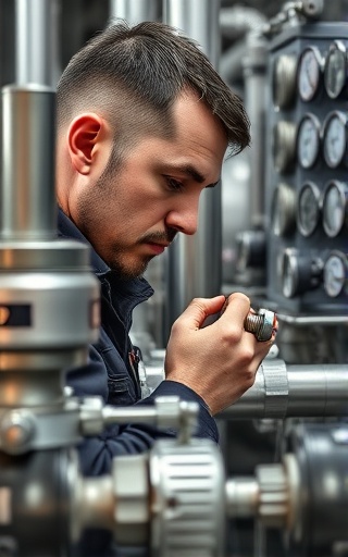 technician performing plumbing maintenance, focused look, tightening a bolt on a complex system, photorealistic, industrial plant with various pipes and gauges in the backdrop, highly detailed, subtle reflections on glossy surfaces, shot with a 35mm lens, monochrome steel tones, soft ambient lighting