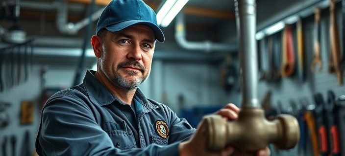 plumber in uniform, determined face, repairing pipes, photorealistic, industrial workshop with various tools on display, highly detailed, tools catching light, sharp clarity, cool palette, overhead lighting, shot with a 70-200mm zoom lens