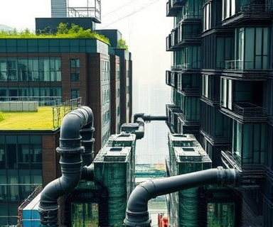 eco plumbing, determined, securing pipe connections, photorealistic, modern skyscraper with green roofs, highly detailed, pipe condensations, ISO 100, olive green, diffused sunlight, shot with a 24mm lens
