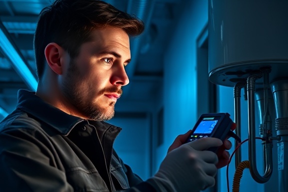 experienced waterheater repair technician, thoughtful glance, troubleshooting with a digital multimeter, photorealistic, high-tech modern building basement with sleek architecture, highly detailed, digital display glow, 8k resolution, cool blue-toned color, dramatic side lighting, shot with a 35mm lens.