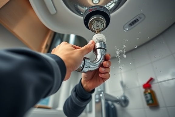 modern plumbing repair, focused, tightening a pipe, photorealistic, under a kitchen sink with a view of various cabinet items, highly detailed, water droplets splashing, ultra-wide lens, chrome and white, natural daylight, shot with a 24mm lens.
