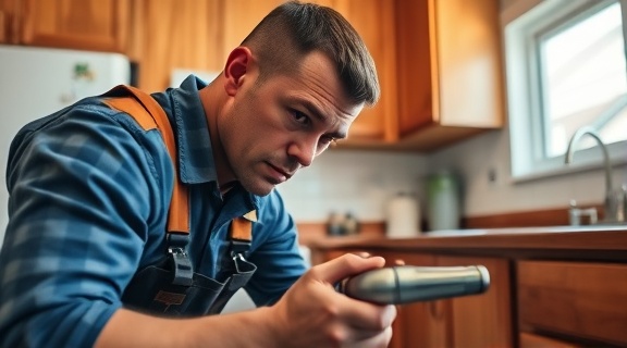 focused plumber, determined look, inspecting a leak, photorealistic, suburban kitchen with wooden cabinets, highly detailed, reflections on the countertop, crisp focus, warm colors, directional lighting, shot with a 35mm lens