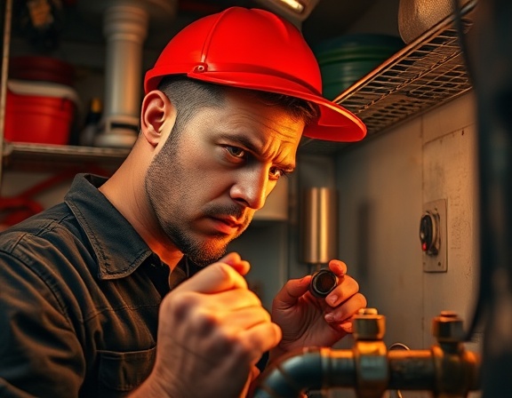 focused waterheater plumber, determined expression, tightening bolts with precision, photorealistic, inside a compact utility room filled with shelves of supplies, highly detailed, subtle reflections on metal surfaces, HDR, warm tungsten light, shot with an 85mm lens.