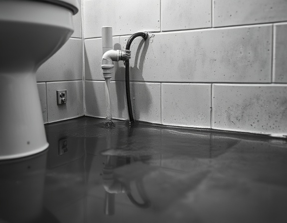 serious plumbing leak, concerned, examining a leaking wall joint, photorealistic, bathroom with wet floor and dripping water, highly detailed, reflections on the wet surface, ISO 800, grayscale, ambient lighting, shot with a 50mm lens