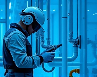 efficient plumbing installation, meticulous work, in a high-tech home, photorealistic, modern architecture with glass elements, highly detailed, automated tools in use, sleek surfaces, futuristic blue tones, bright LED lighting, shot with a panoramic lens