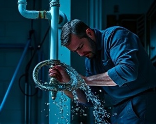 urgent plumbing repair, concentrated effort, fixing a major leak, photorealistic, bustling city apartment at night, highly detailed, water splashing, emergency ambiance, deep blues and whites, harsh fluorescent lighting, shot with a zoom lens