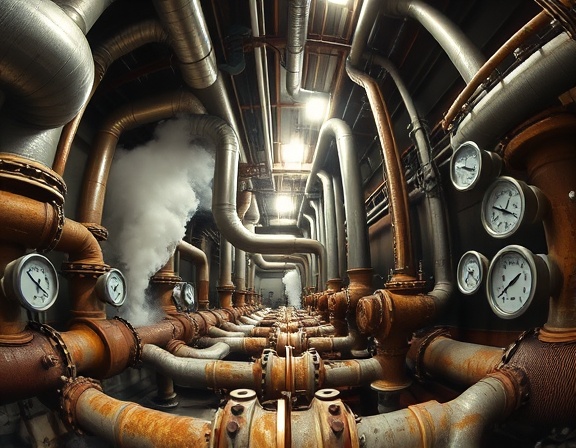 industrial plumbing pipes, imposing, interconnecting, photorealistic, factory setting with a maze of pipes and gauges, highly detailed, steam hissing through vents, fisheye perspective, steel gray and rust, harsh industrial lighting, shot with a 16mm lens.