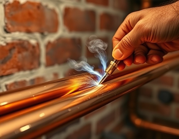 gleaming copper plumbing pipe, freshly cut and assembled, being soldered by a skilled hand, photorealistic, basement setting with exposed brick walls, highly detailed, steam rising from the joints, shot with a macro lens, metallic sheen, warm artificial lighting
