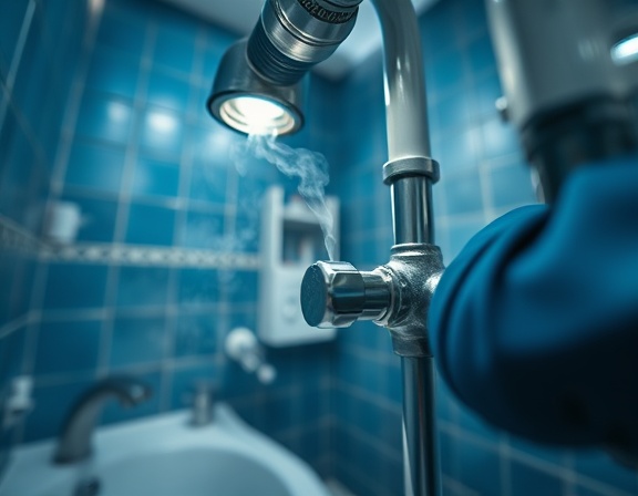 gleaming plumbing repair, intense focus, tightening a leaking pipe, photorealistic, cozy bathroom with modern amenities, highly detailed, steam rising, intricate textures, cool blue colors, bright overhead lighting, shot with a wide-angle lens