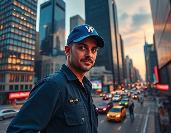 adventurous plumber, curious glint, exploring new market, photorealistic, cityscape with skyscrapers and bustling streets, highly detailed, cars and pedestrians in motion, wide frame, vivid colors, twilight illumination, shot with a 24-70mm lens