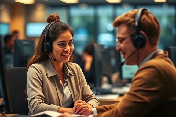responsive contact support, helpful expression, engaging with customer, photorealistic, call center environment with computers and headsets, highly detailed, bustling activity, warm tones, soft ambient lighting, shot with a 35mm lens.