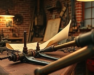 antique plumbing tools, vintage style, displayed on a workbench, photorealistic, traditional workshop with brick walls, highly detailed, old blueprints scattered, soft textures, warm brown colors, gentle diffused lighting from lamps, shot with a 85mm lens