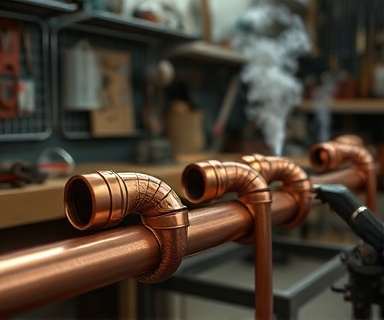 traditional plumbing pipe, calm, assembling copper pipes, photorealistic, workshop filled with metal shavings and tool racks, highly detailed, steam rising from a nearby soldering torch, focus stacking, copper hue, backlight, shot with a telephoto lens