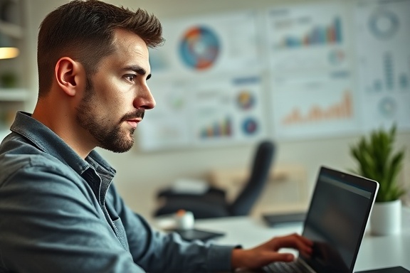plumber entrepreneur, thoughtful expression, strategizing growth, photorealistic, office space with charts and laptops, highly detailed, graphs and data visible, shallow depth of field, pastel colors, side lighting, shot with 35mm lens