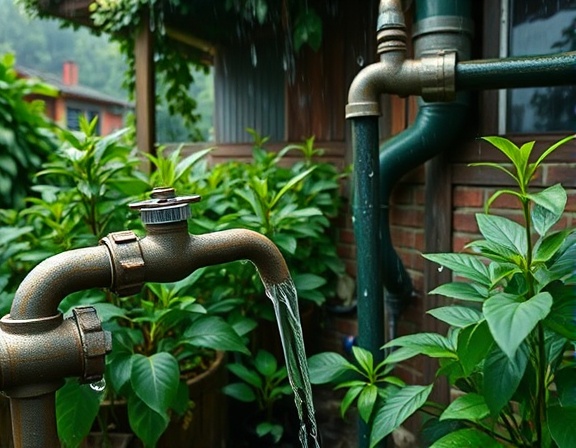 green plumbing, innovative, maintaining rainwater system, photorealistic, eco-village with community gardens, highly detailed, gentle raindrops, ISO 400, forest green, overcast light, shot with a 85mm lens