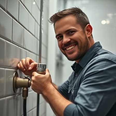 skilled plumber, satisfied grin, tightening a valve, photorealistic, urban apartment bathroom with bright tiles, highly detailed, dripping water effect, balanced composition, muted colors, ambient lighting, shot with an 85mm lens