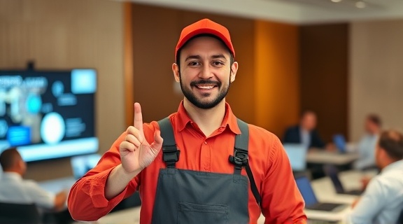 innovative plumber, assured demeanor, introducing new technology, photorealistic, conference room with presentation screens and seated colleagues, highly detailed, tech gadgets in use, mixed focus, bright tones, spot lighting, shot with 14mm lens
