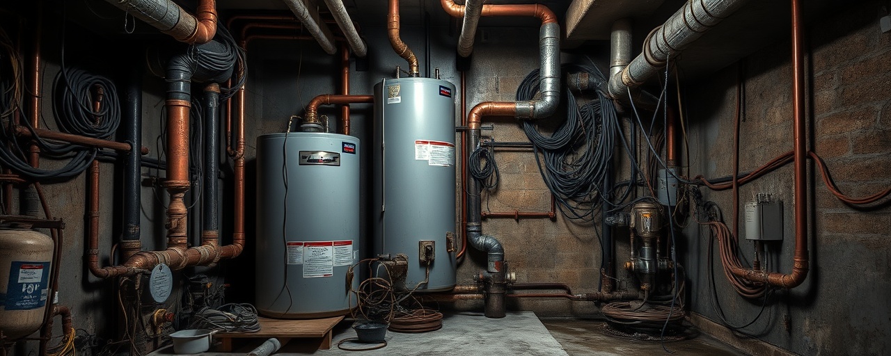 complex plumbing pipes, chaotic, untangling a mess, photorealistic, basement with old water heaters and tangled wiring, highly detailed, dripping water onto concrete floor, HDR effect, dull black and copper, dim basement lighting, shot with a 28mm lens.