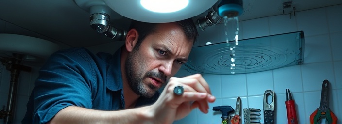 plumber deep in concentration, frustrated expression, adjusting a leaking valve, photorealistic, under-sink cabinet with various tools scattered, highly detailed, dripping water creating ripples, shot with a 50mm lens, blue and grey tones, single overhead light