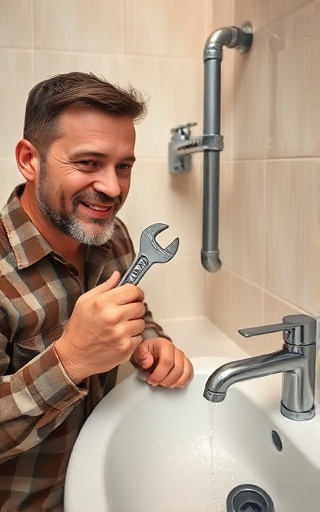 homeowner inspecting DIY plumbing installation, satisfied expression, holding a wrench, photorealistic, cozy home environment with modern fixtures and tiled walls, highly detailed, water droplets on the sink, shot with a 100mm lens, warm beige and white colors, diffused LED lighting
