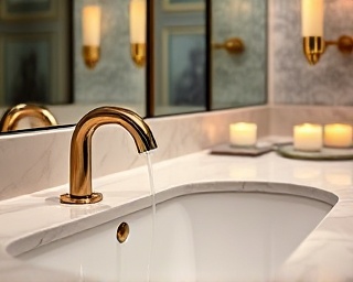 sophisticated plumbing fixtures, sleek design, set up in a luxury bathroom, photorealistic, opulent surroundings with marble finishes, highly detailed, reflections and shadows, gold and silver contrast, soft candlelight, shot with a 35mm lens
