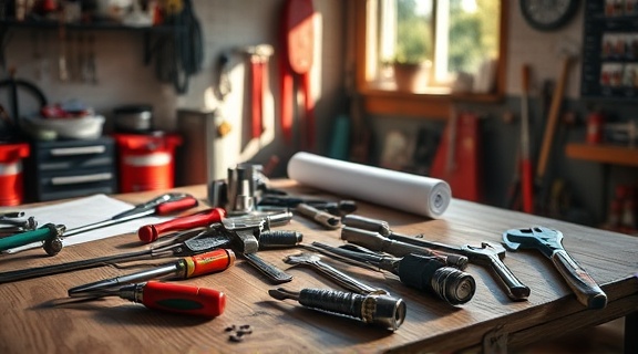 efficient plumbing tools, organized, lying neatly on a wooden table, photorealistic, garage with a variety of hand tools and blueprints nearby, highly detailed, shadows casting from an open window, HDR, metallic and red hues, soft lighting, shot with a tilt-shift lens