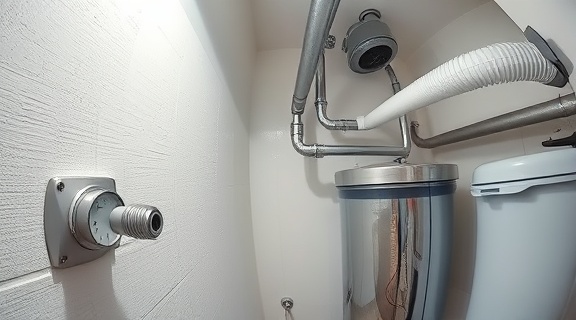 modern plumbing setup, intense, installing a new water filtration system, photorealistic, utility room with pipes leading into the wall, highly detailed, slight reflections on metallic surfaces, f/8 aperture, white and silver, spotlighting, shot with a fisheye lens