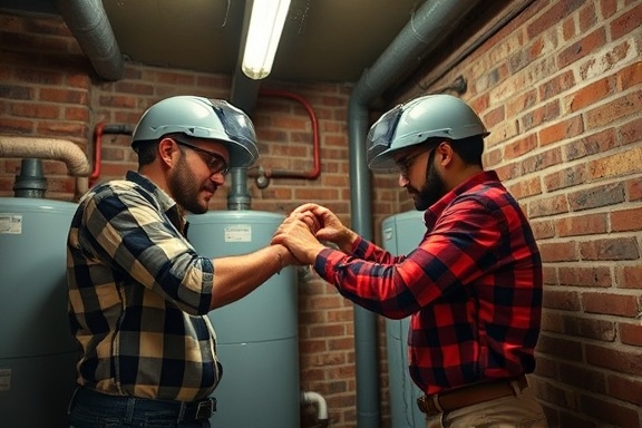 efficient waterheater replacement duo, cooperative teamwork, exchanging parts swiftly, photorealistic, in a busy urban apartment block basement with exposed brick, highly detailed, dynamic interaction, vibrant colors, diffused overhead lighting, shot with a 24mm lens.