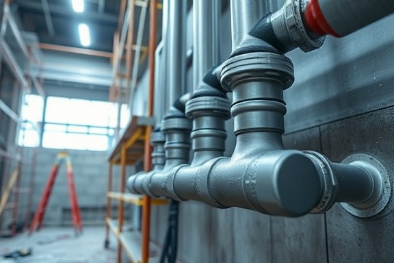 new plumbing installation, meticulous, aligning pipes, photorealistic, under-construction building site with scaffolding and tools, highly detailed, dust particles in the air, depth effect, slate and brushed metal, overhead LED lighting, shot with a 35mm lens.