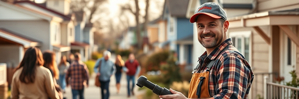 community plumber, approachable look, interacting with clients, photorealistic, neighborhood setting with diverse households in view, highly detailed, people in motion, mid-focus, vibrant colors, morning light, shot with a 50mm lens