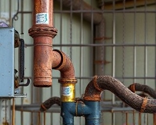 corroded plumbing pipes, aged appearance, left in an abandoned building, photorealistic, neglect and decay in suburban ruins, highly detailed, crumbling debris, textures of rust, muted earth tones, low moody lighting, shot with a telephoto lens
