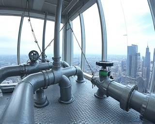 innovative plumbing installation, precise alignment, in a brand-new skyscraper, photorealistic, urban landscape through large windows, highly detailed, suspended materials, shiny surfaces, metallic grey tones, bright construction lights, shot with a fisheye lens