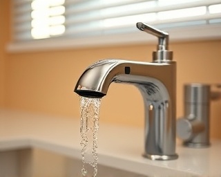 modern plumbing fixtures, polished and shiny, being installed, photorealistic, sleek, minimalist kitchen environment, highly detailed, water droplets, chrome reflection, warm beige colors, natural sunlight filtering through blinds, shot with a 50mm lens