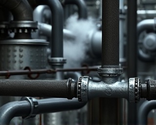 industrial plumbing pipes, strong and sturdy, part of a factory setup, photorealistic, gritty industrial space with machinery in background, highly detailed, steam and smoke, metal textures, neutral greys and blacks, harsh spotlight, shot with a tilt-shift lens
