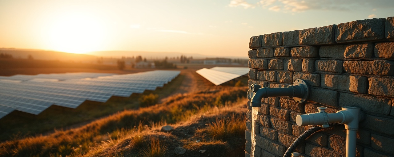 ecofriendly plumbing, inspired, innovating new systems, photorealistic, countryside with solar fields, highly detailed, gentle breezes, ISO 300, earth tones, warm sunset glow, shot with a 28mm lens